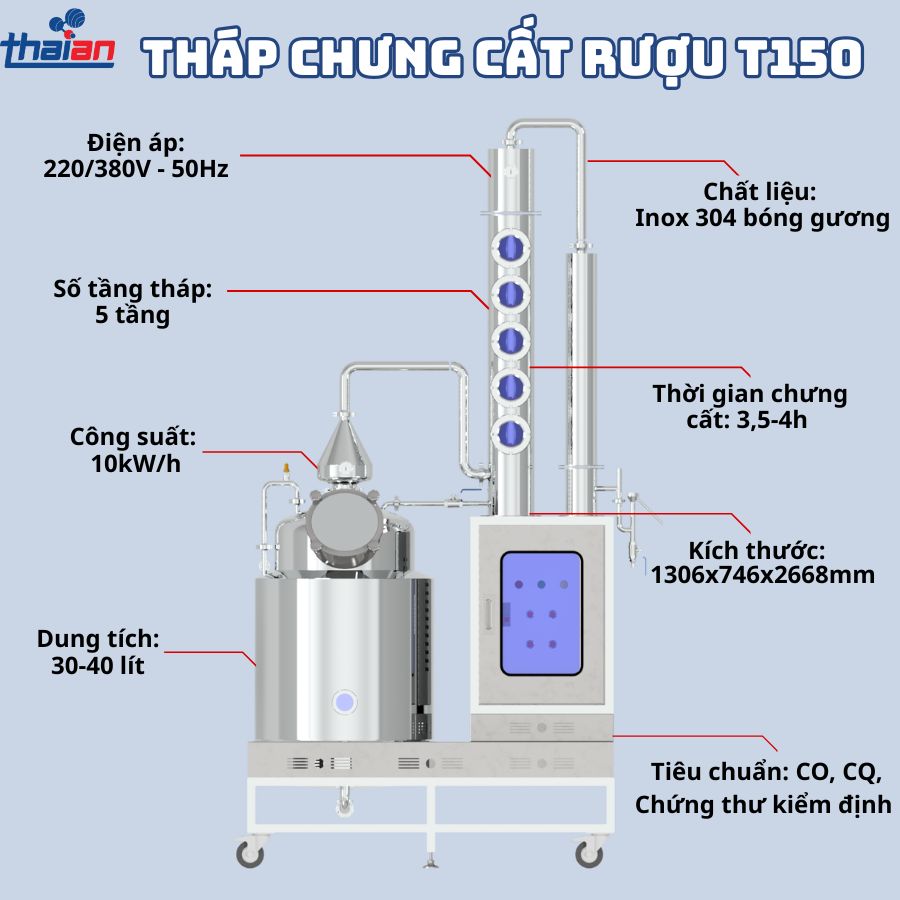 Tháp chưng cất T150 inox