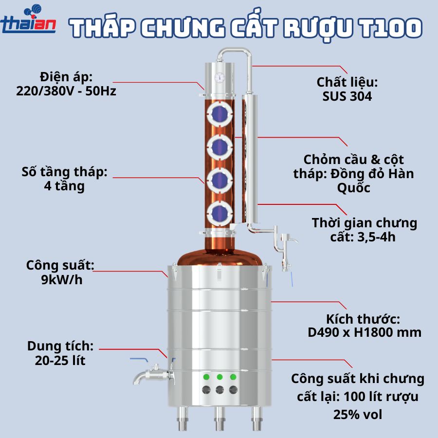 Tháp chưng cất rượu T100 Đồng