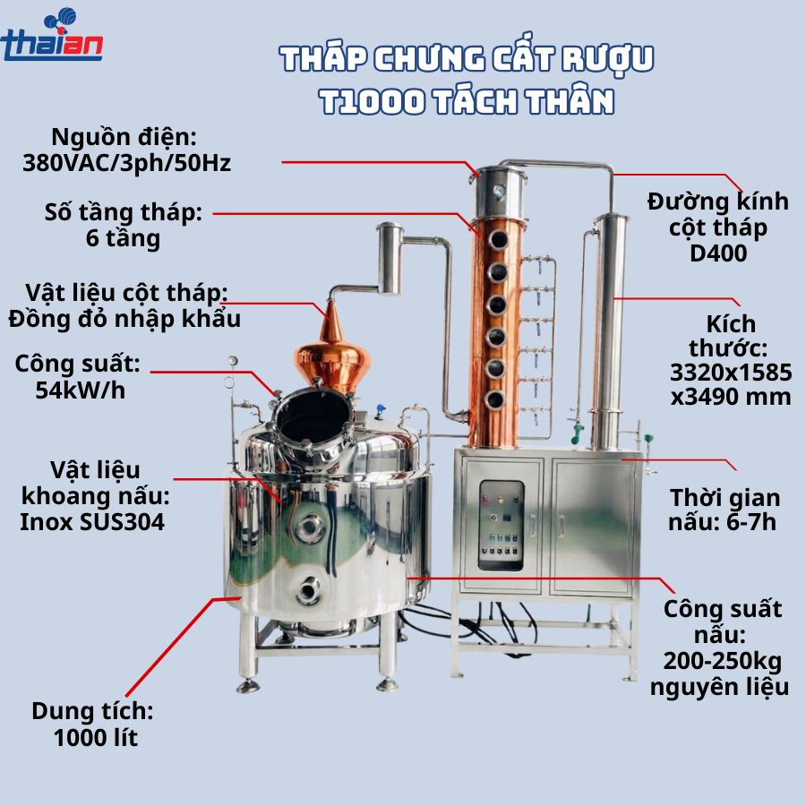 Tháp chưng cất rượu T1000 ta