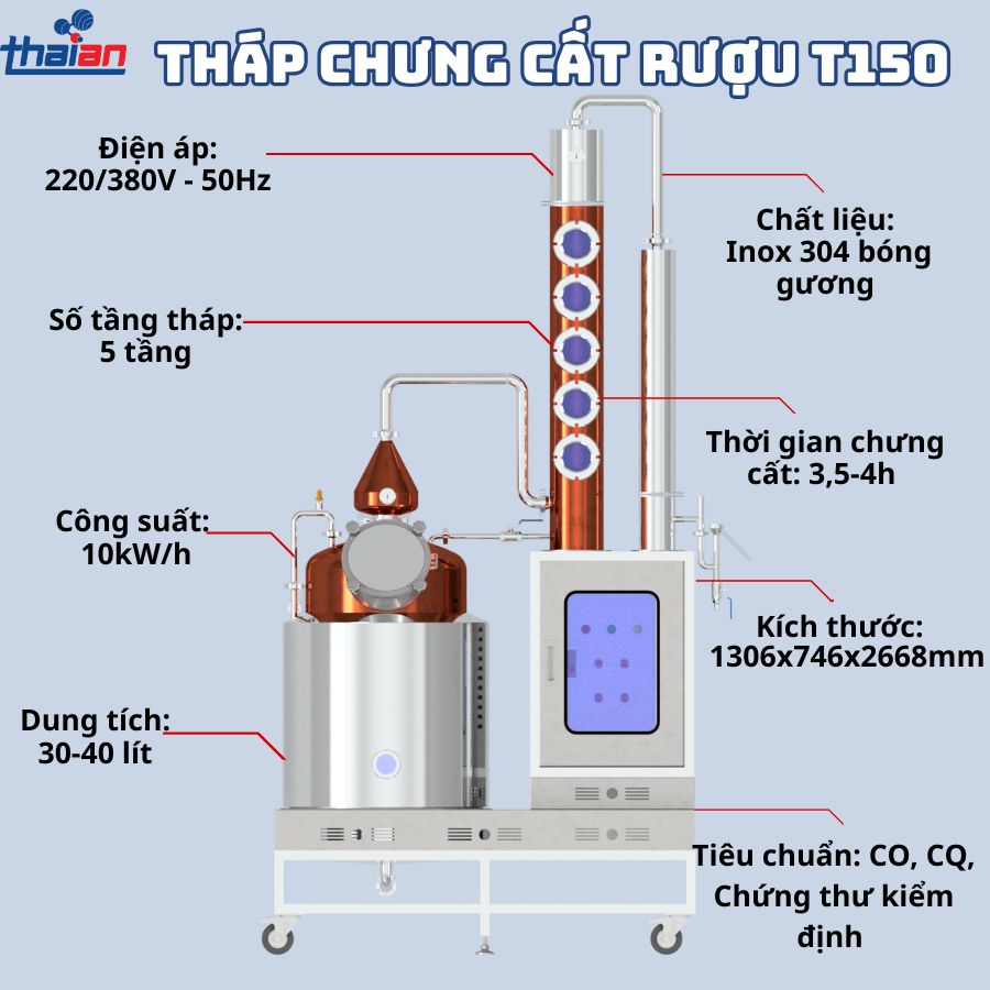 Tháp chưng cất rượu T150 ĐỒNG