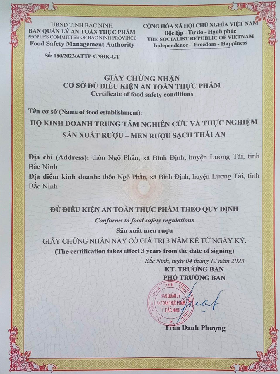 Giấy chứng nhận an toàn thực phẩm