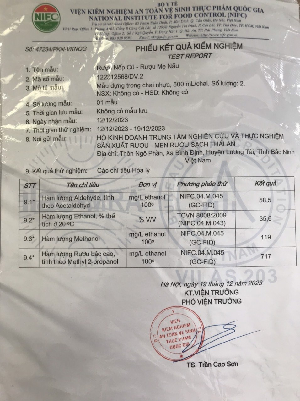 Kết quả kiểm nghiệm