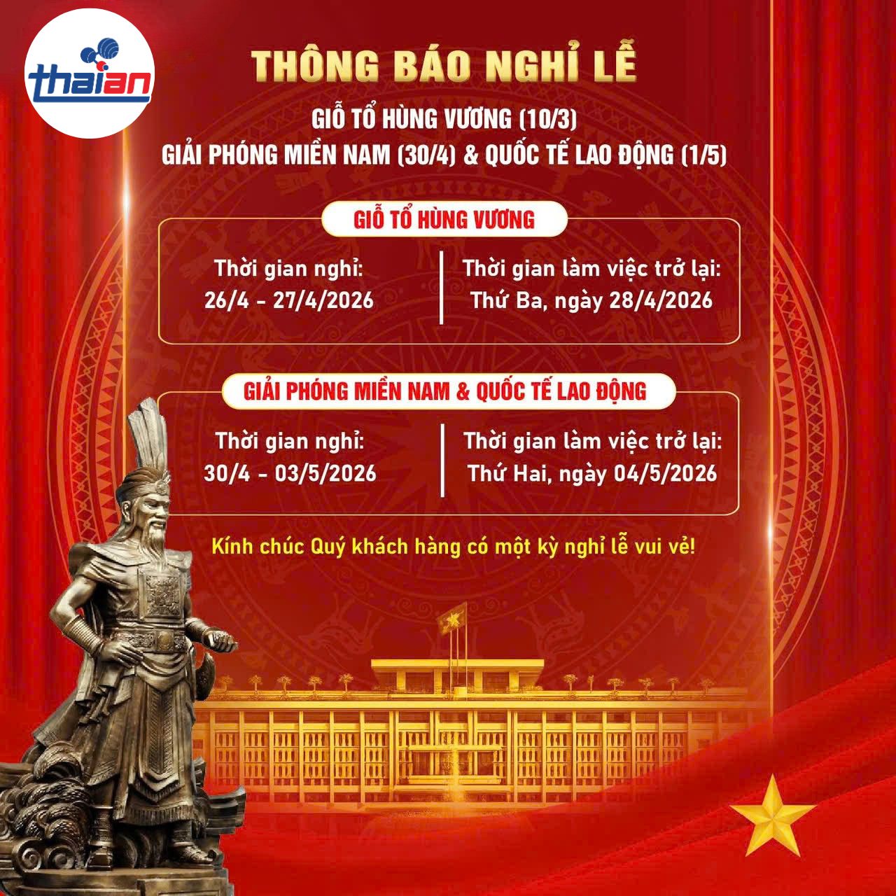 Thông báo nghỉ lễ Giỗ Tổ Hùng Vương, Giải phóng miền Nam 304 và Quốc tế Lao động 15