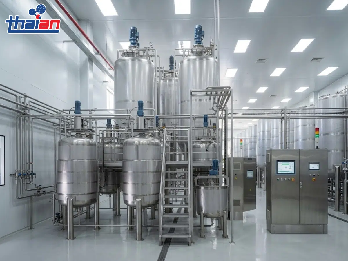 Hệ thống bồn lên men dung tích lớn cho nhà máy sản xuất rượu tại Thái An